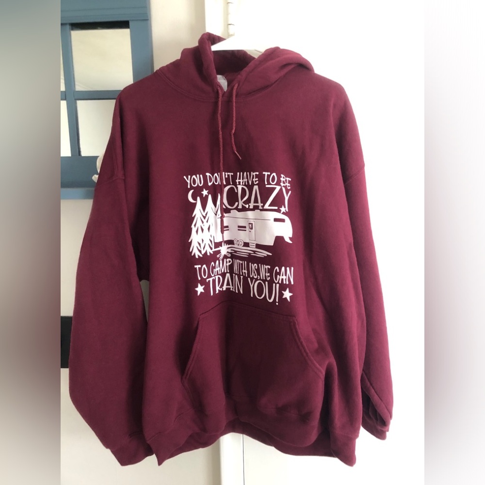 Gildan Maroon Hoodie with White Camping Graphic